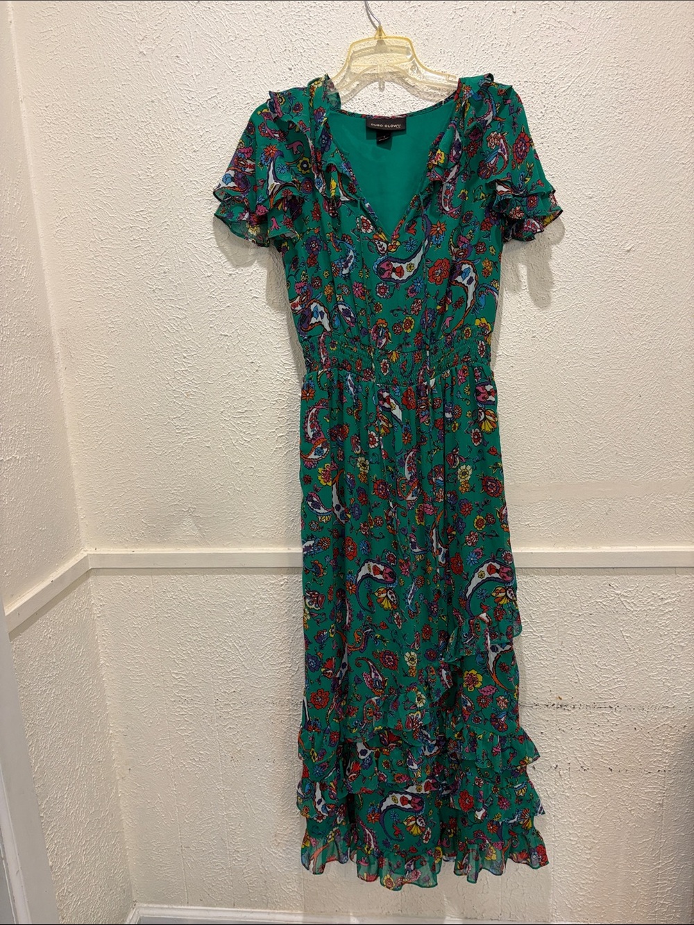 Green Paisley Ruffled Maxi Dress - Lightweight V-Neck